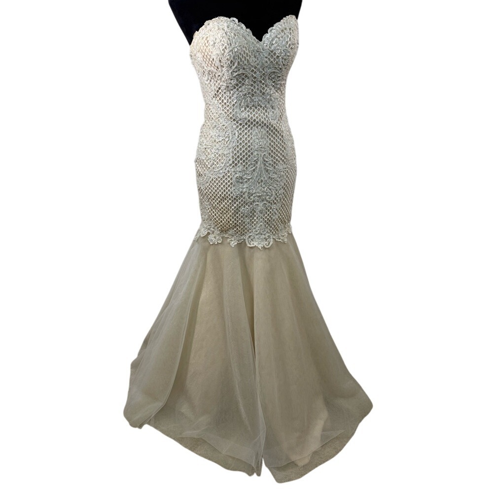 Angela & Alison Mermaid Gown Sz 6 Strapless Sweetheart Beaded‎ Lace Tulle Dress